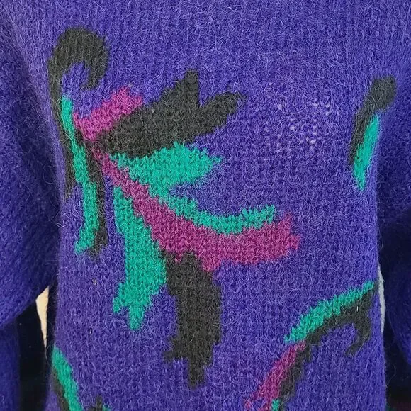 Cambridge Spirit Women L Purple Colorful Wool Blend Abstract 80's Style Pullover - Picture 6 of 13